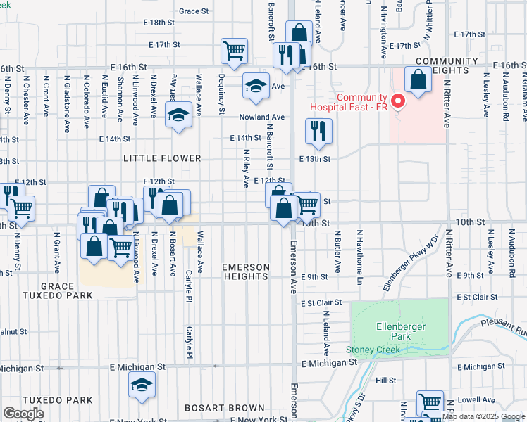 map of restaurants, bars, coffee shops, grocery stores, and more near 5024 East 10th Street in Indianapolis
