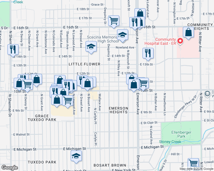 map of restaurants, bars, coffee shops, grocery stores, and more near 4826 East 10th Street in Indianapolis