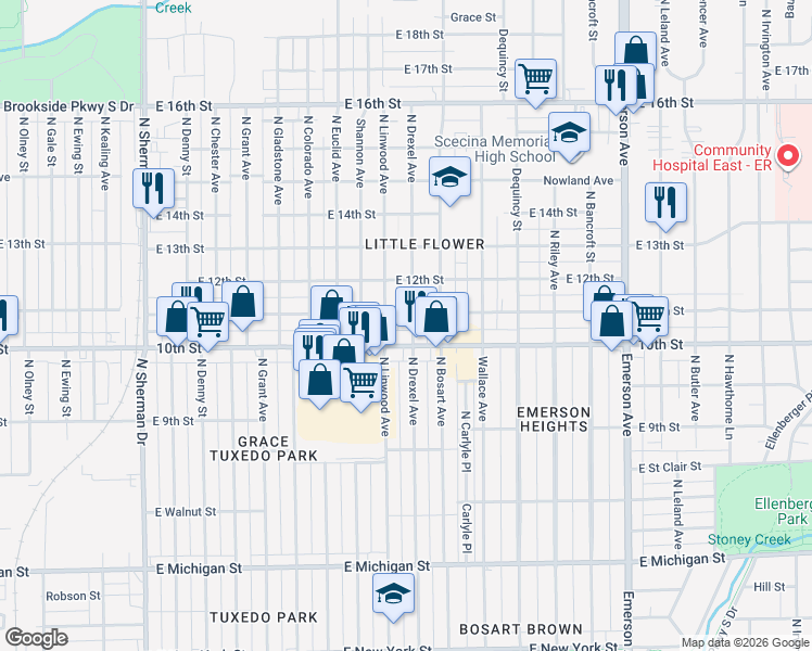 map of restaurants, bars, coffee shops, grocery stores, and more near 4506 East 10th Street in Indianapolis