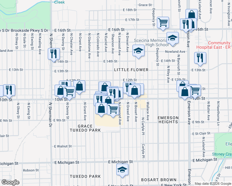 map of restaurants, bars, coffee shops, grocery stores, and more near 4412 East 10th Street in Indianapolis
