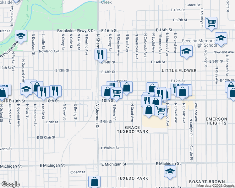 map of restaurants, bars, coffee shops, grocery stores, and more near 3912 East 10th Street in Indianapolis