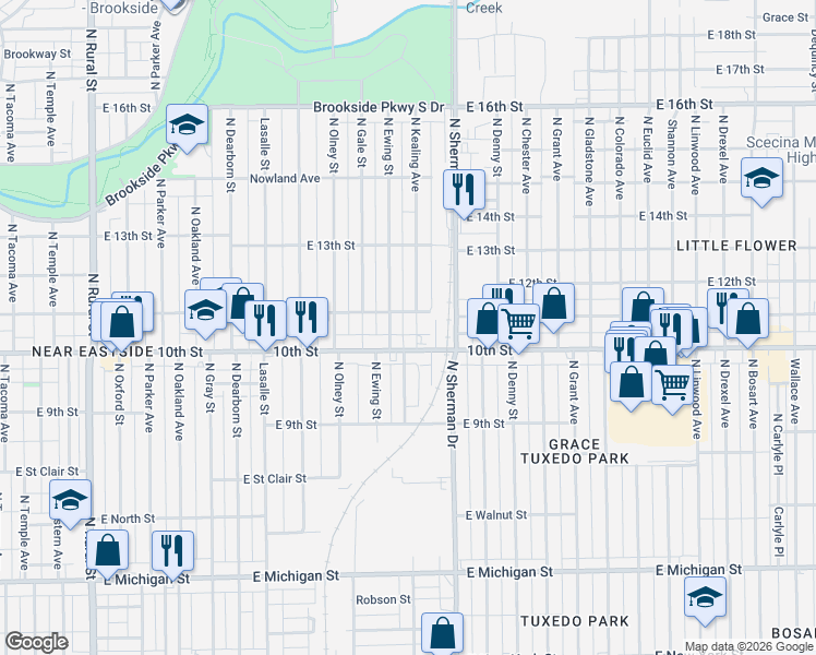 map of restaurants, bars, coffee shops, grocery stores, and more near 3602 East 10th Street in Indianapolis