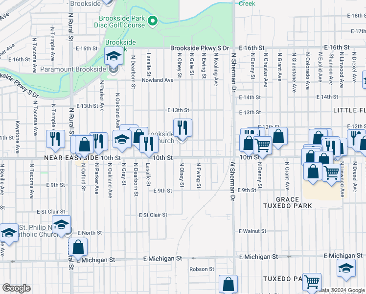 map of restaurants, bars, coffee shops, grocery stores, and more near 3524 East 10th Street in Indianapolis