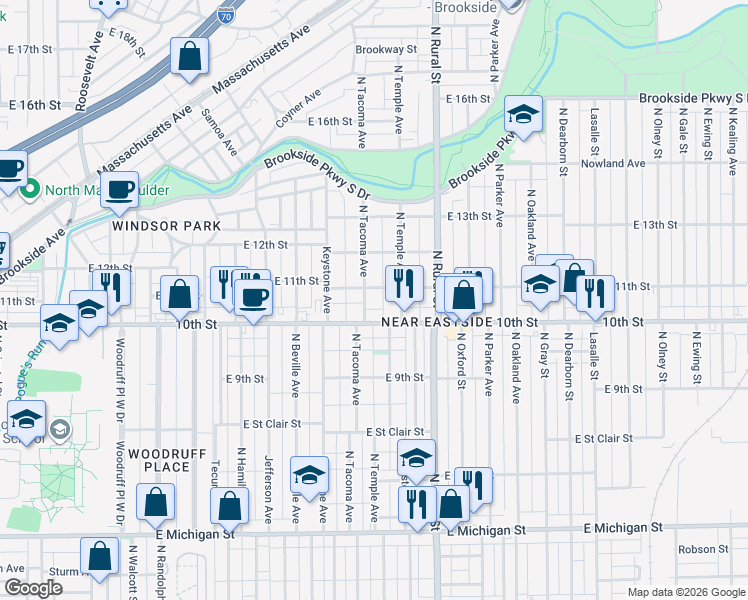 map of restaurants, bars, coffee shops, grocery stores, and more near 2512 East 10th Street in Indianapolis