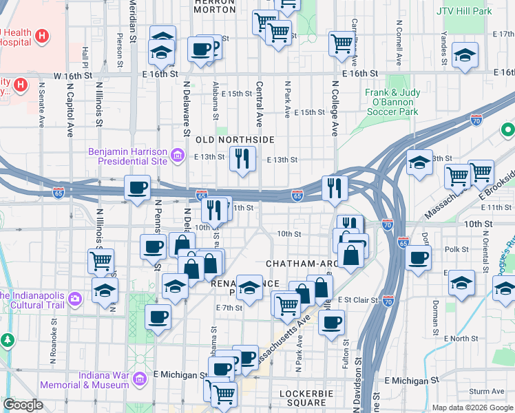 map of restaurants, bars, coffee shops, grocery stores, and more near 1019 11th Street in Indianapolis
