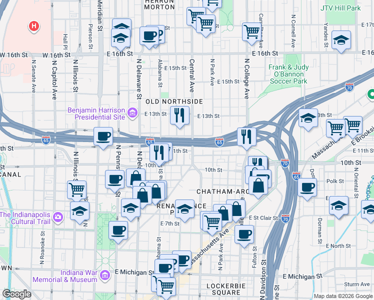 map of restaurants, bars, coffee shops, grocery stores, and more near 1019 11th Street in Indianapolis