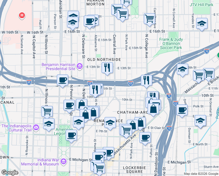 map of restaurants, bars, coffee shops, grocery stores, and more near 1019 11th Street in Indianapolis