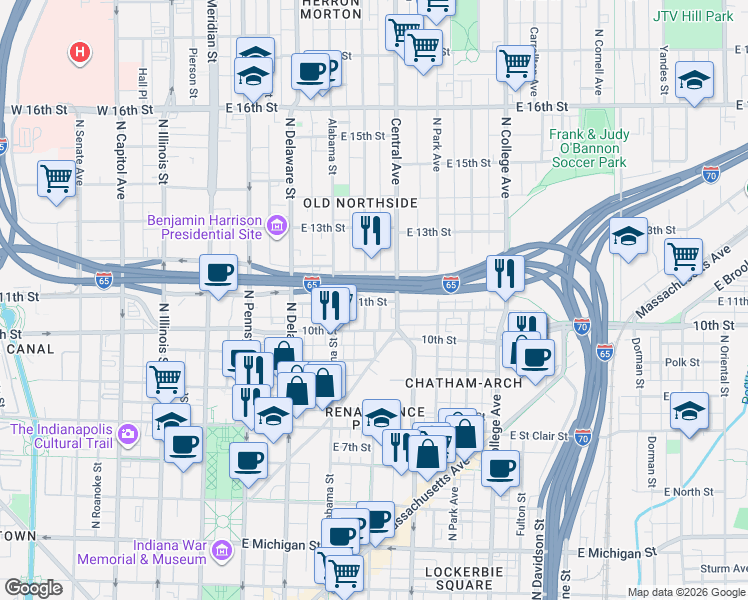 map of restaurants, bars, coffee shops, grocery stores, and more near 1018 North New Jersey Street in Indianapolis