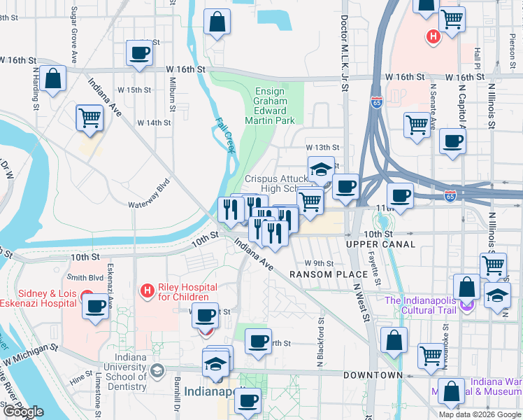map of restaurants, bars, coffee shops, grocery stores, and more near 1048 Brooks Street in Indianapolis