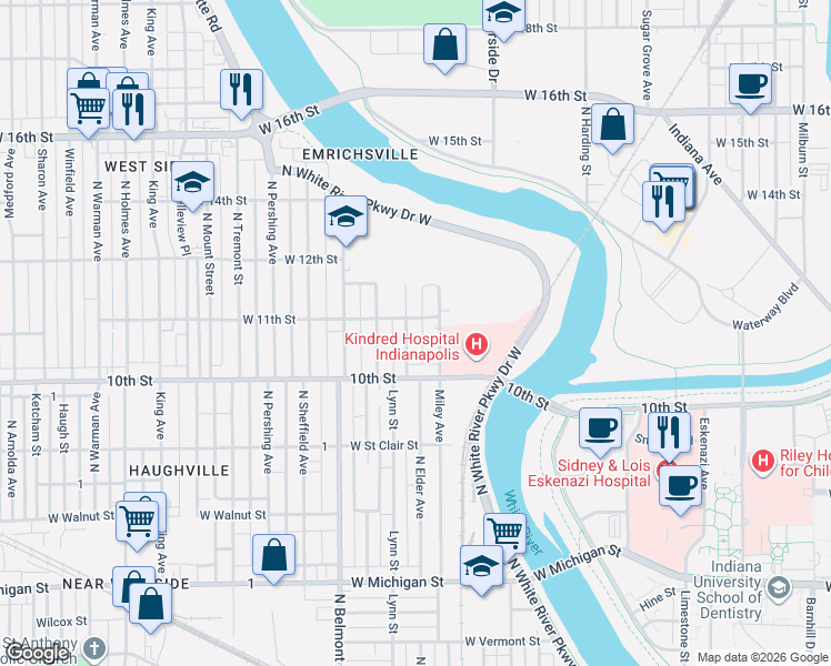 map of restaurants, bars, coffee shops, grocery stores, and more near 1026 North Elder Avenue in Indianapolis