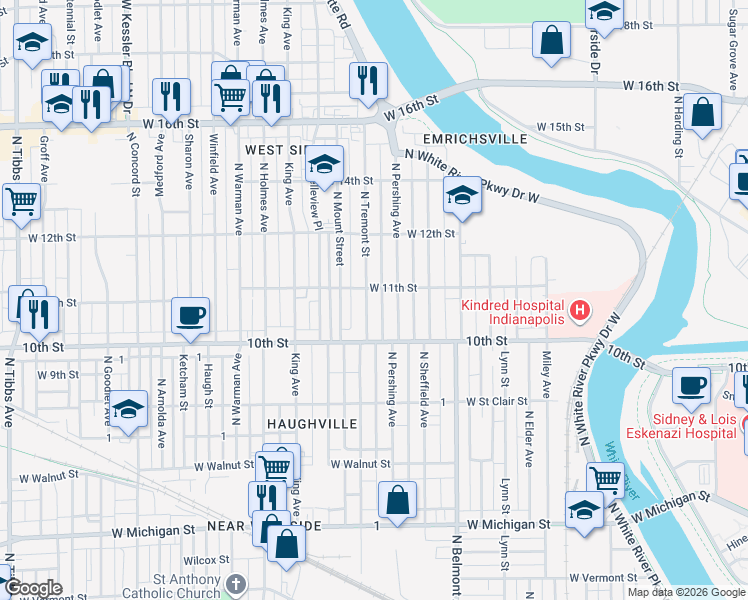 map of restaurants, bars, coffee shops, grocery stores, and more near 1029 North Tremont Street in Indianapolis