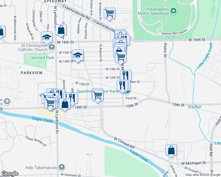 map of restaurants, bars, coffee shops, grocery stores, and more near 4935 West 11th Street in Indianapolis
