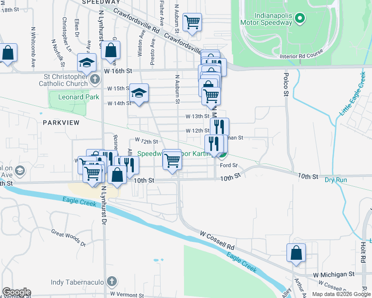 map of restaurants, bars, coffee shops, grocery stores, and more near 4981 West 11th Street in Indianapolis