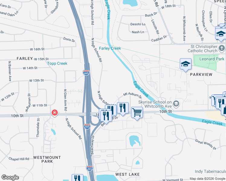map of restaurants, bars, coffee shops, grocery stores, and more near 6020 Mount Auburn Drive in Indianapolis