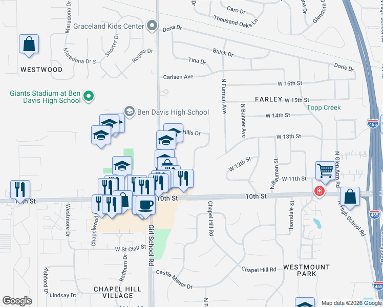 map of restaurants, bars, coffee shops, grocery stores, and more near 1136 Topp Creek Drive in Indianapolis