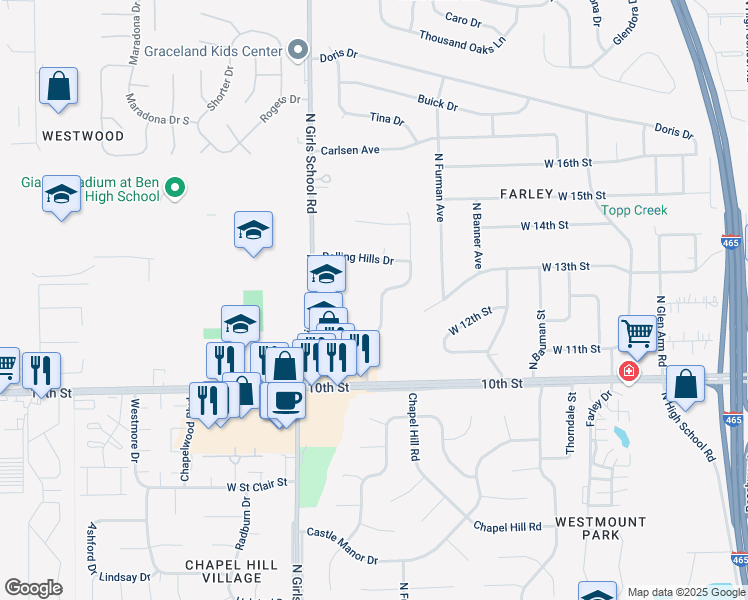 map of restaurants, bars, coffee shops, grocery stores, and more near 1136 Topp Creek Drive in Indianapolis