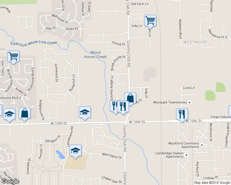 map of restaurants, bars, coffee shops, grocery stores, and more near 1218 Country Ridge Lane in Indianapolis