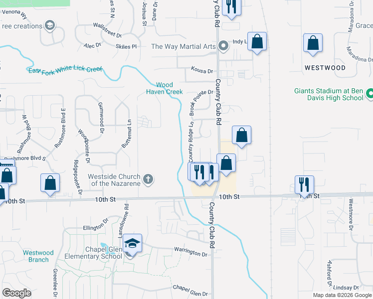 map of restaurants, bars, coffee shops, grocery stores, and more near 1218 Country Ridge Lane in Indianapolis