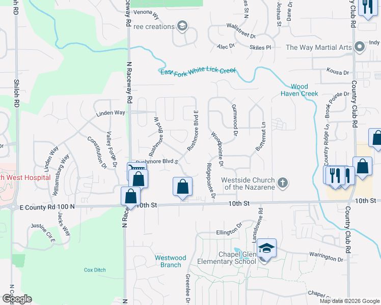 map of restaurants, bars, coffee shops, grocery stores, and more near 9036 Rushmore Boulevard South in Indianapolis