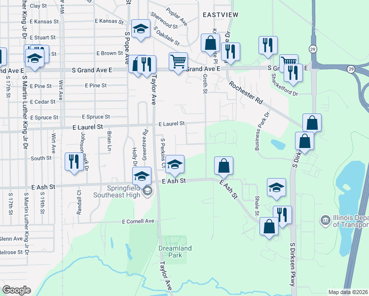 map of restaurants, bars, coffee shops, grocery stores, and more near 1900-1998 Witchazel Drive in Springfield