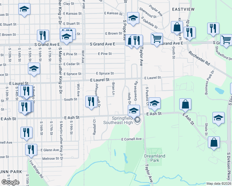 map of restaurants, bars, coffee shops, grocery stores, and more near 2224 Joyce Lane in Springfield