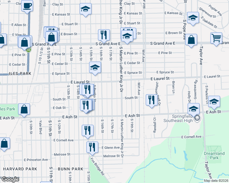 map of restaurants, bars, coffee shops, grocery stores, and more near 1801-1899 S 17th St in Springfield