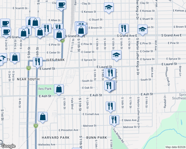 map of restaurants, bars, coffee shops, grocery stores, and more near 1851 South 13th Street in Springfield