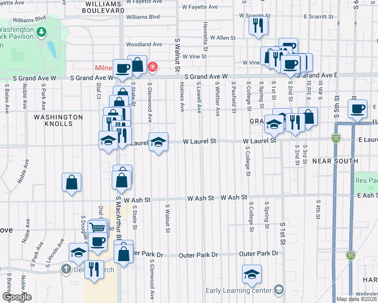 map of restaurants, bars, coffee shops, grocery stores, and more near 1740 Holmes Avenue in Springfield