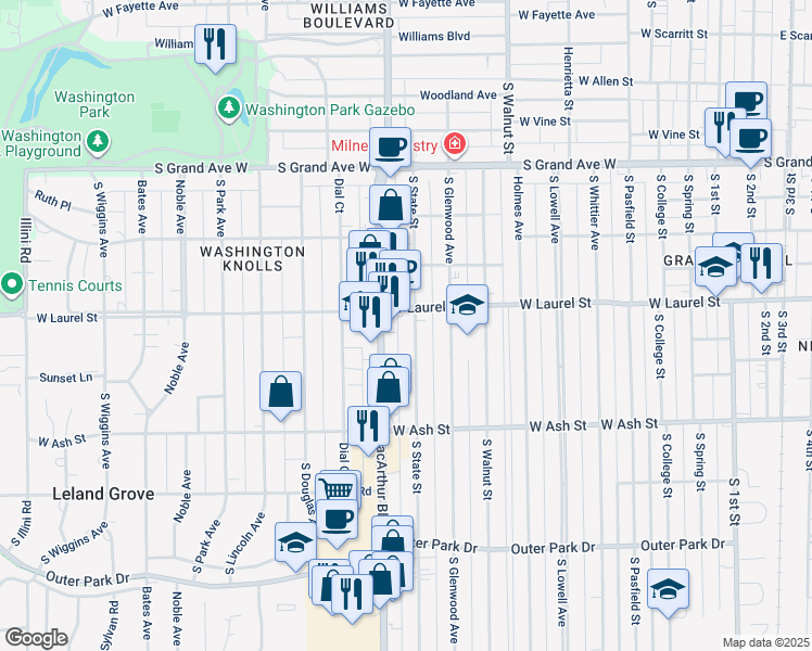 map of restaurants, bars, coffee shops, grocery stores, and more near 1805 South State Street in Springfield