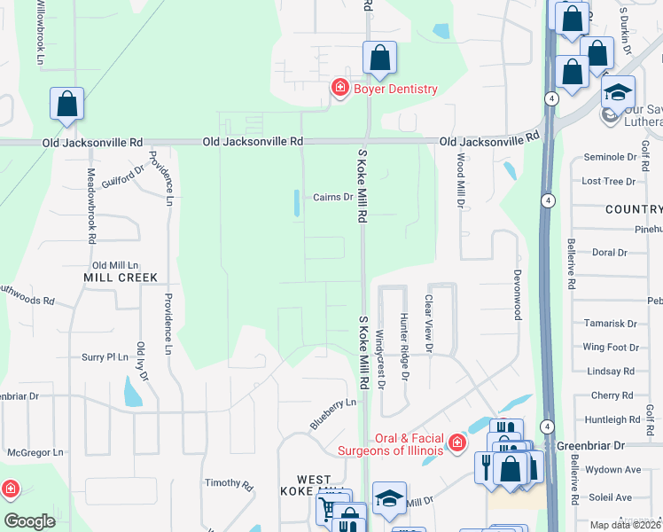 map of restaurants, bars, coffee shops, grocery stores, and more near 1461 South Koke Mill Road in Springfield