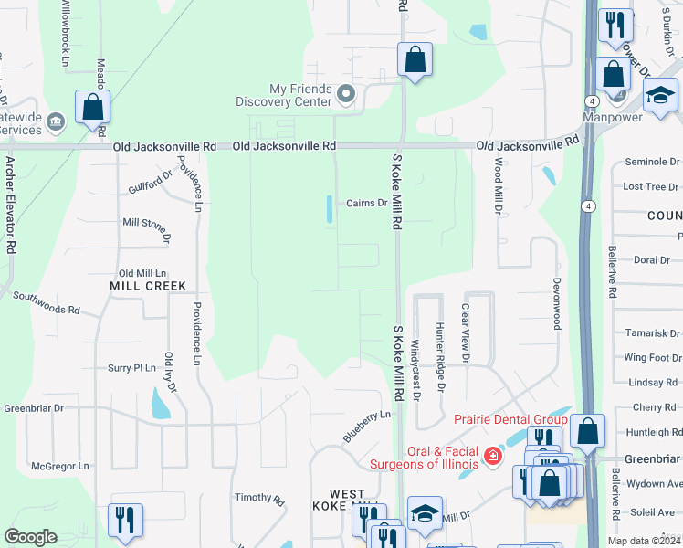 map of restaurants, bars, coffee shops, grocery stores, and more near 1461 South Koke Mill Road in Springfield