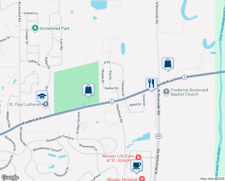 map of restaurants, bars, coffee shops, grocery stores, and more near 5125 Frederick Avenue in Saint Joseph