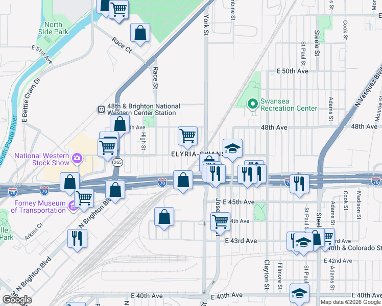 map of restaurants, bars, coffee shops, grocery stores, and more near 4676 North Gaylord Street in Denver