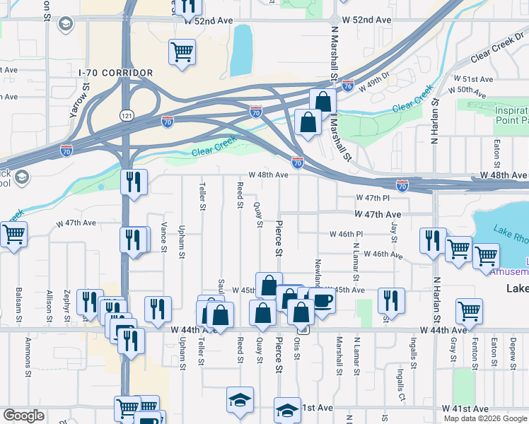 map of restaurants, bars, coffee shops, grocery stores, and more near 4655 Quay Street in Wheat Ridge
