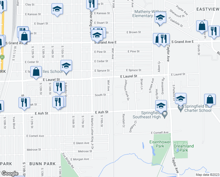 map of restaurants, bars, coffee shops, grocery stores, and more near 1844 Wirt Avenue in Springfield