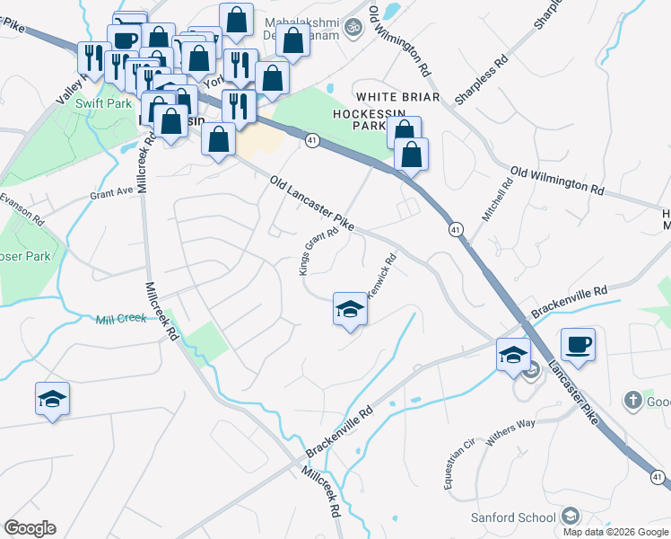 map of restaurants, bars, coffee shops, grocery stores, and more near 29 Kings Grant Road in Hockessin