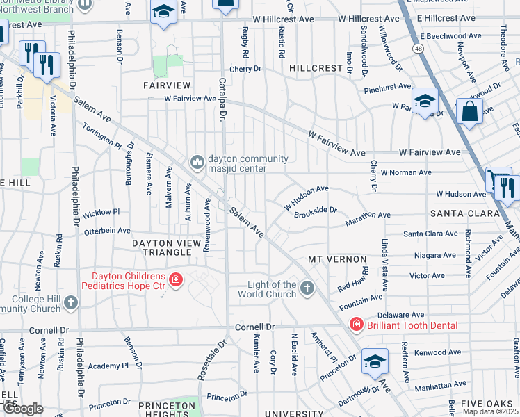 map of restaurants, bars, coffee shops, grocery stores, and more near 1845 Emerson Avenue in Dayton