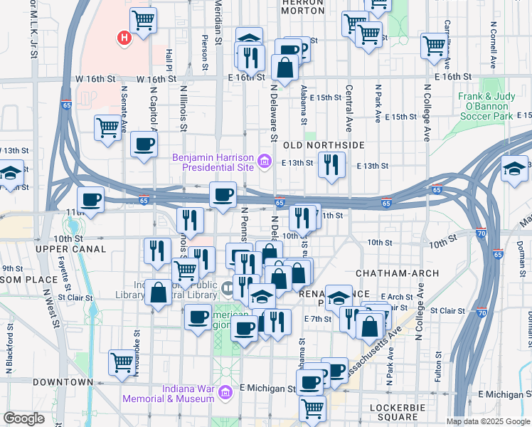 map of restaurants, bars, coffee shops, grocery stores, and more near 1040 North Delaware Street in Indianapolis