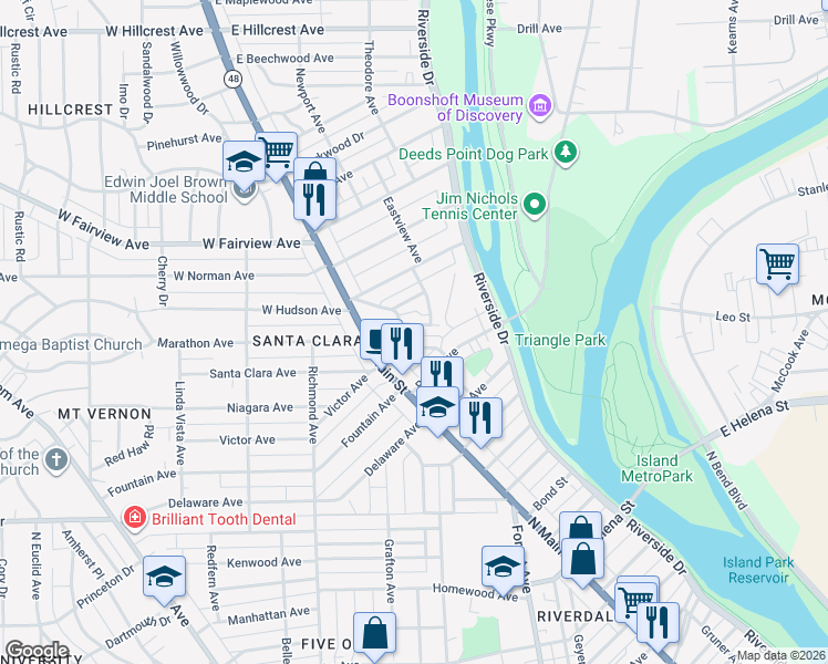 map of restaurants, bars, coffee shops, grocery stores, and more near 116 Indianola Avenue in Dayton