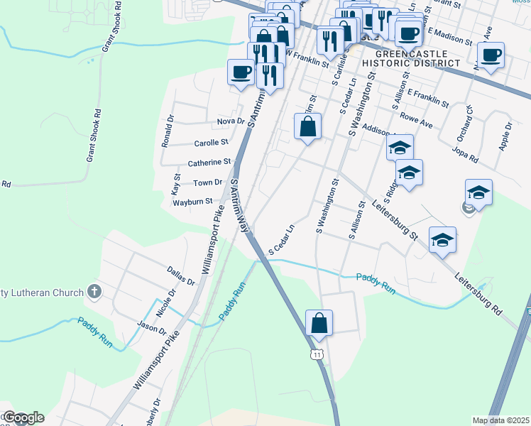 map of restaurants, bars, coffee shops, grocery stores, and more near 494 South Carlisle Street in Greencastle