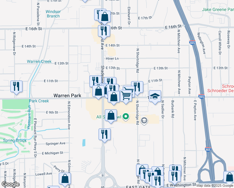 map of restaurants, bars, coffee shops, grocery stores, and more near 2702 Shadeland Avenue in Indianapolis
