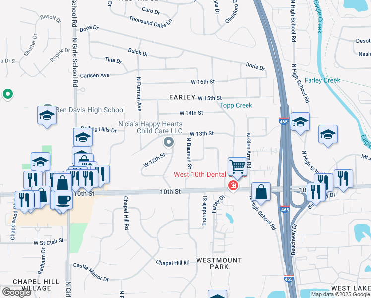 map of restaurants, bars, coffee shops, grocery stores, and more near 1218 North Bauman Street in Indianapolis