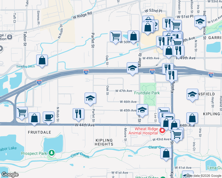 map of restaurants, bars, coffee shops, grocery stores, and more near 4650 Oak Street in Wheat Ridge