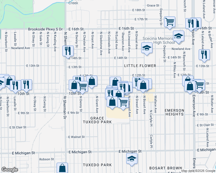 map of restaurants, bars, coffee shops, grocery stores, and more near 4304 East 10th Street in Indianapolis