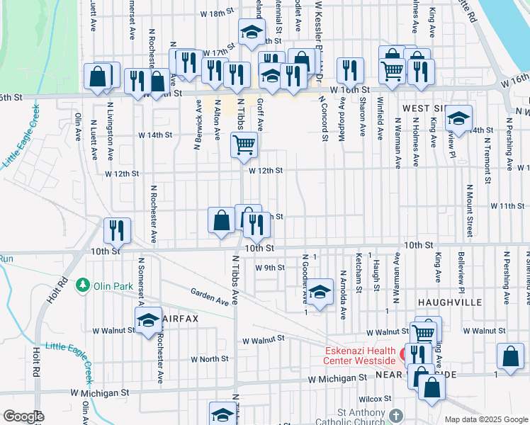 map of restaurants, bars, coffee shops, grocery stores, and more near 1024 Mitchell Street in Indianapolis