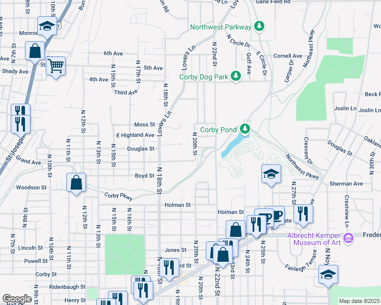 map of restaurants, bars, coffee shops, grocery stores, and more near 1604 North 20th Street in Saint Joseph