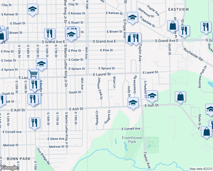 map of restaurants, bars, coffee shops, grocery stores, and more near 1839 Gregory Court in Springfield