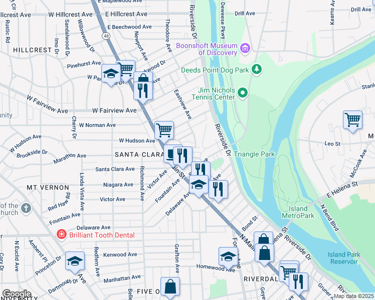 map of restaurants, bars, coffee shops, grocery stores, and more near 112 Iroquois Avenue in Dayton