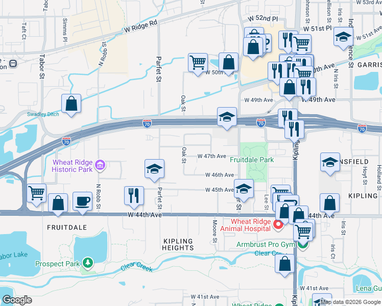 map of restaurants, bars, coffee shops, grocery stores, and more near 4650 Oak Street in Wheat Ridge