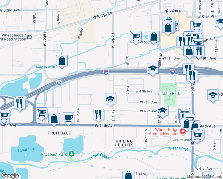 map of restaurants, bars, coffee shops, grocery stores, and more near 4615 Parfet Street in Wheat Ridge